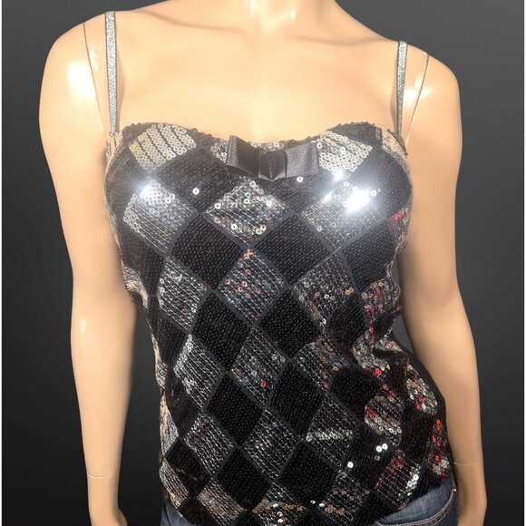 Y2K Sequin Tank Top With bow Size M Black Silver Diamond Pattern Mcbling 2000s - Picture 1 of 12